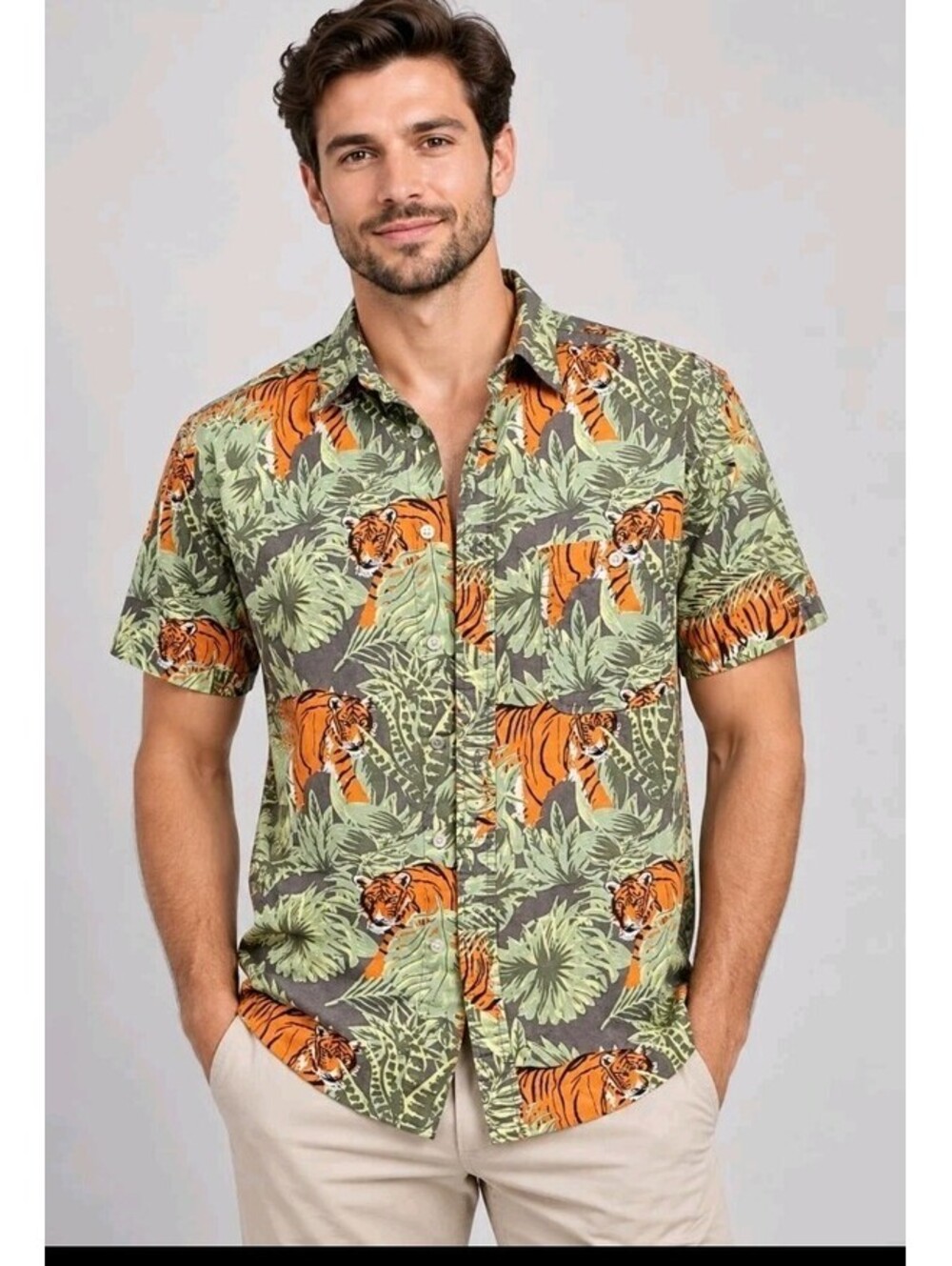 Topman Tiger Jungle Print Short-Sleeve Button-Up Shirt XS Vintage Oversized #WM1